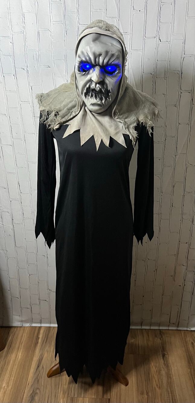 Phantom Ghoul Costume Kids 12-14 Light Up Blue Eyes Mask Black Robe Halloween